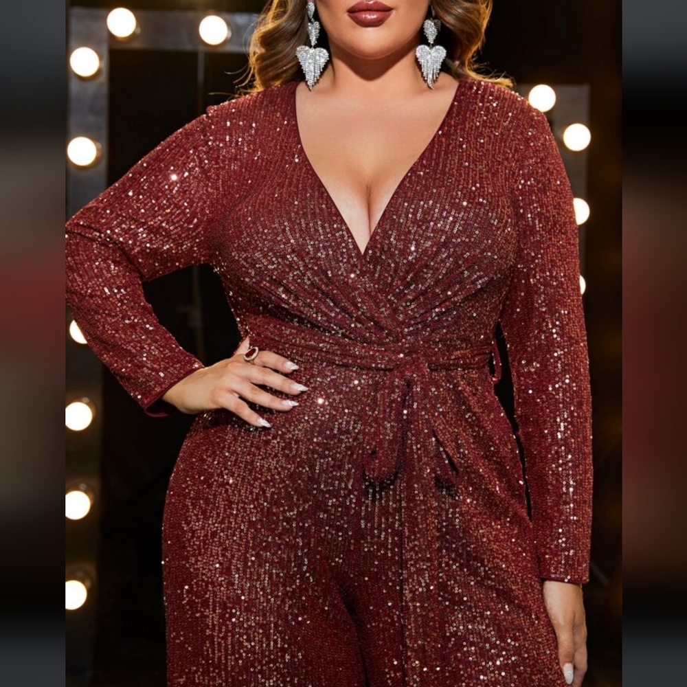 Giffniseti Rich Red Sequin Wide Leg Evening Jumpsuit with POCKETS